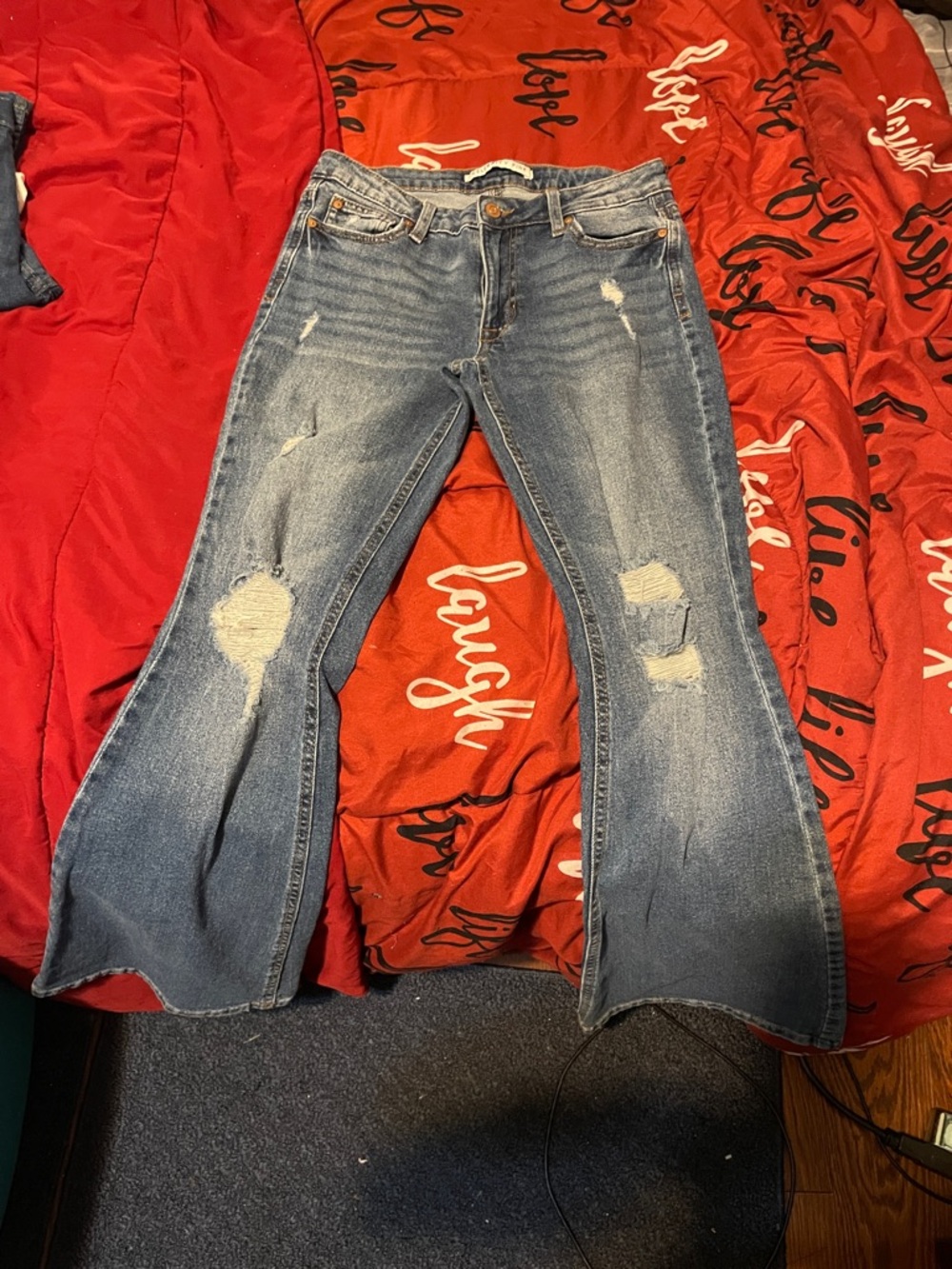 Celebrity Pink Distressed Flare Jeans in Medium Blue